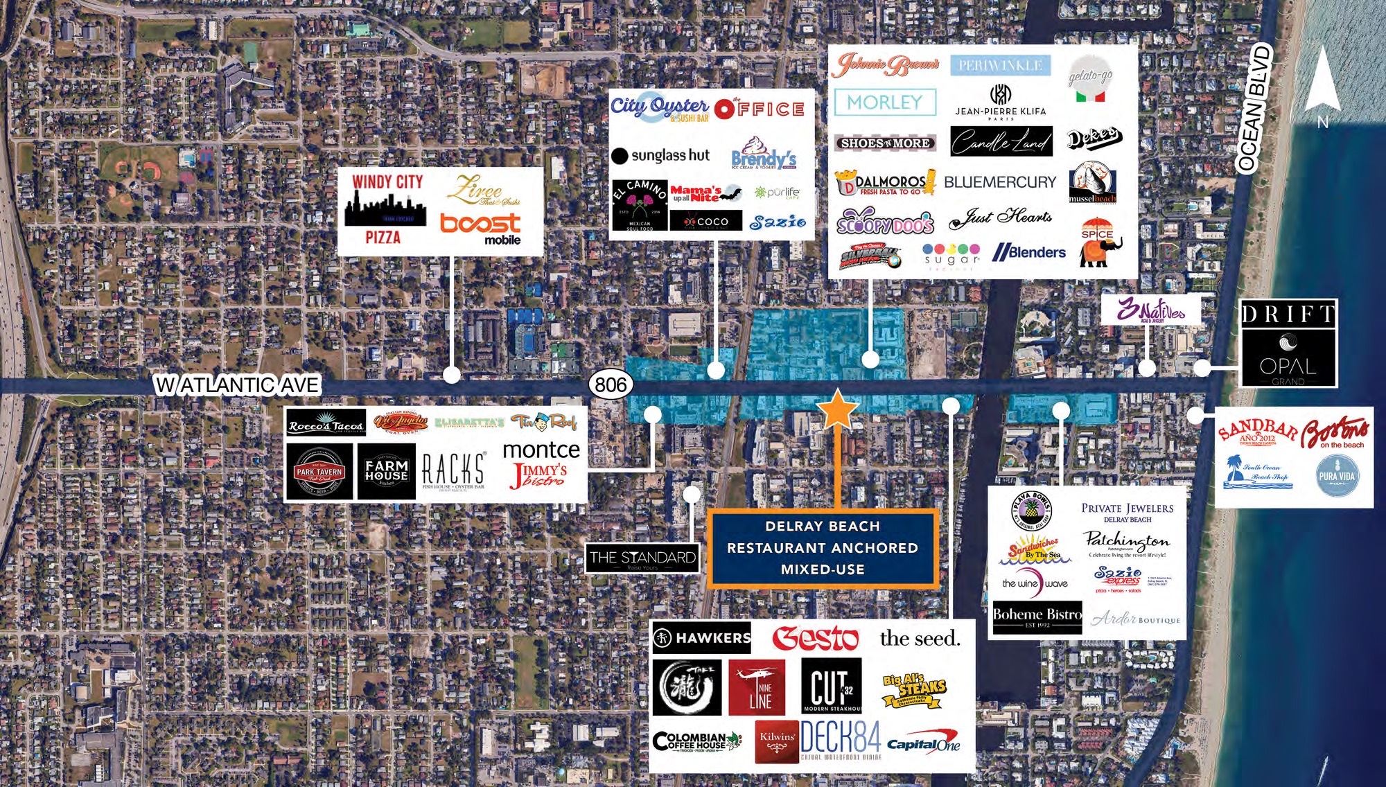 Aerial of the Atlantic Avenue corridor with surrounding restaurants and retail